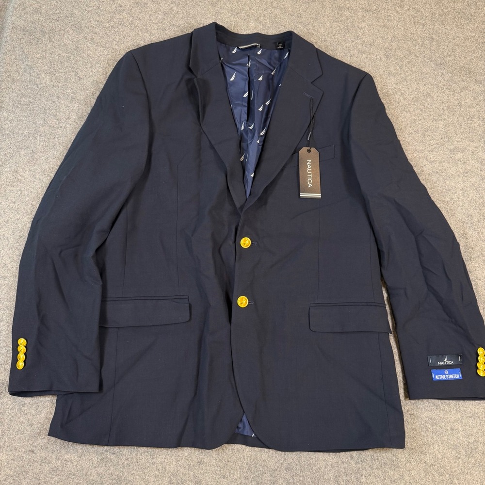 Nautica Branford Navy Blue Active Stretch Blazer Gold Buttons NF353 44R NEW